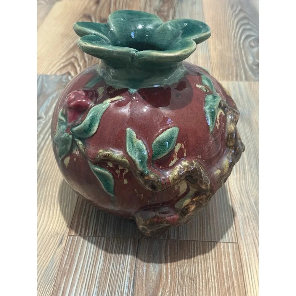 VTG Very Rare Hand Made Pomegranate Vase Deep Red W Green Majolica 7